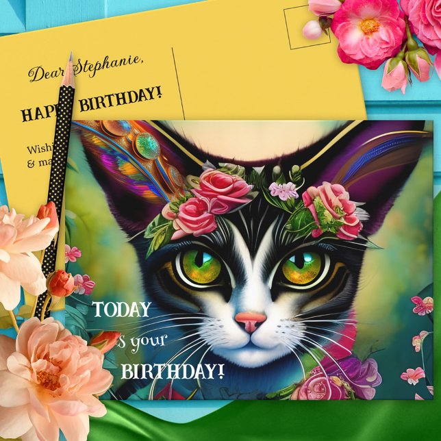 Postal Colorido Hippie Crazy Cat Lady Cumpleaños (Subido por el creador)