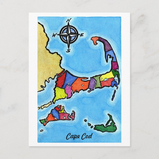Postal Colorido mapa de Cape Cod (Anverso)