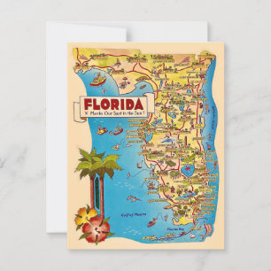 Postal Colorido mapa de la Florida Vintage
