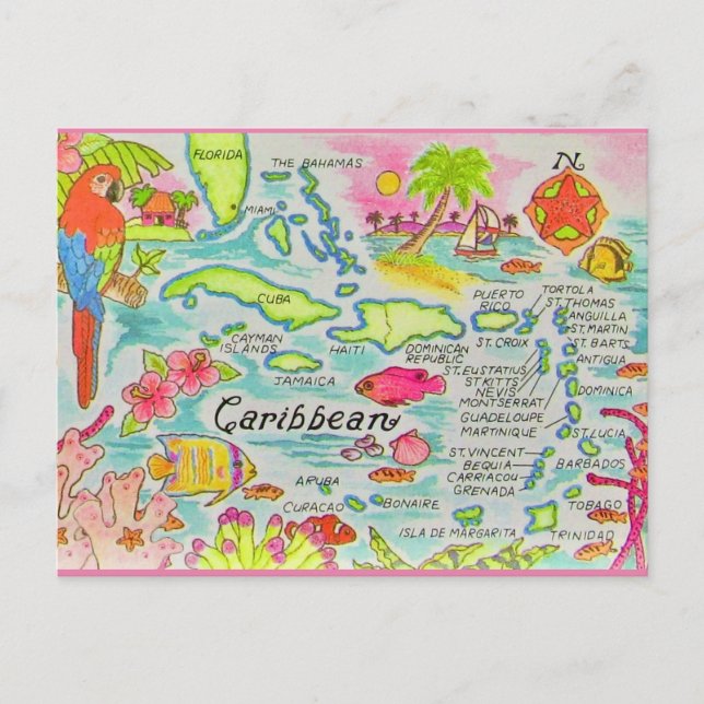 Postal Colorido mapa de las islas del Caribe (Anverso)