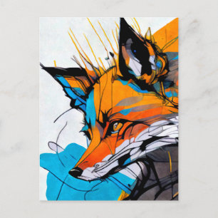 Postal Colorido naranja blanco azul Fox en la caza 5x7"