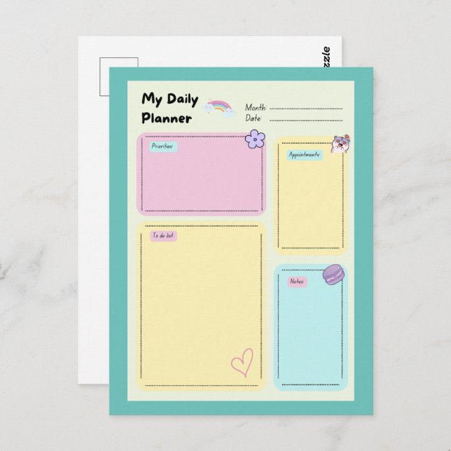 Postal Colorido Pastel Kawaii Cute Daily Planner (Anverso / Reverso)