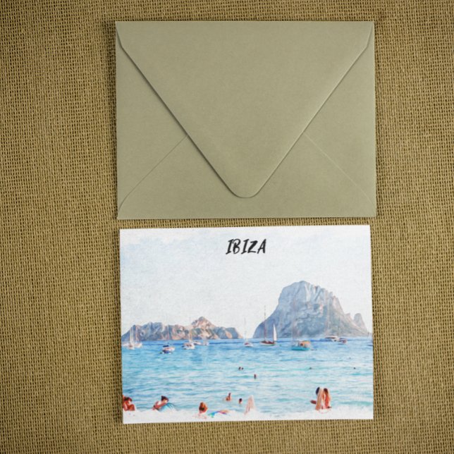 Postal Colorido recuerdo de vacaciones en playa de Ibiza (ibiza spain watercolor beach postcard)