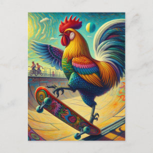 Postal Colorido Rooster Skateboarding