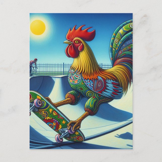 Postal Colorido Rooster Skateboarding (Anverso)