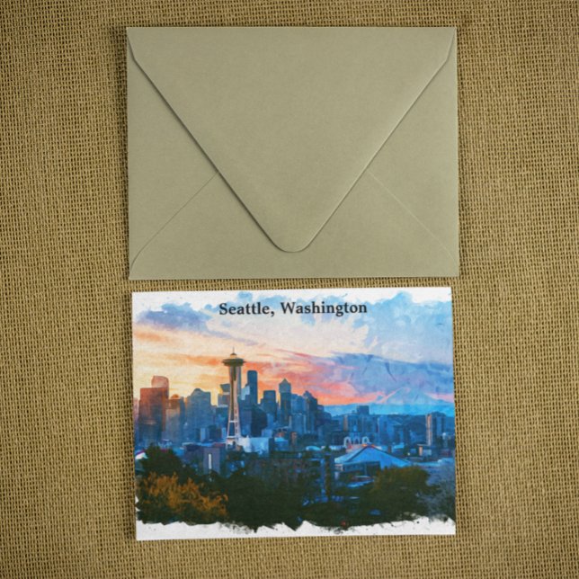 Postal Colorido Skyline Seattle Washington (Seattle Washington City View Postcard)