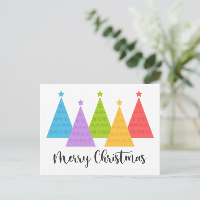 Postal Coloridos árboles de Navidad (Anverso de pie)