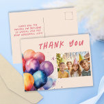 Postal Coloridos globos niños cumpleaños Foto gracias<br><div class="desc">Coloridos Globos Niños Foto De Cumpleaños Gracias Postcard. Gracias postal de cumpleaños por la fiesta de cumpleaños de los niños. Este diseño viene con bonitos globos de diferentes colores en el aspecto acuarela. Personalice la tarjeta postal con el nombre de su hijo,  mensaje de agradecimiento y foto.</div>