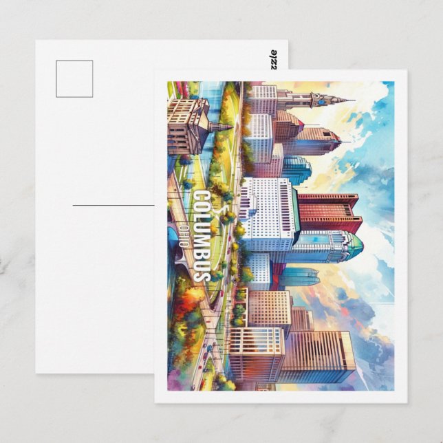 Postal Columbus Ohio EE.UU. Famoso lugar acuarela (Anverso / Reverso)