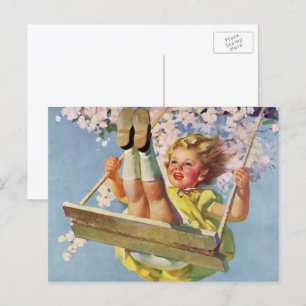 Postal Columpio Antiguo, Niña Columpiándose en un Juego d