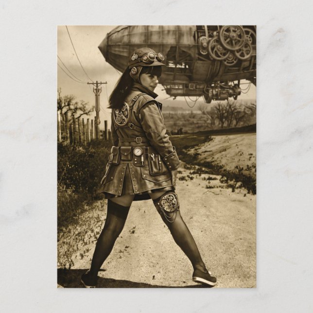 Postal Comandante de Dirigible Steampunk Sepia (Anverso)