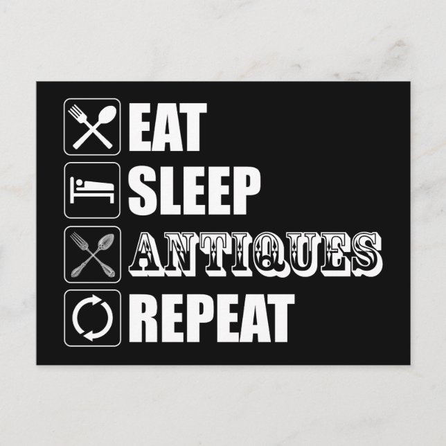Postal Come. Duerme. Antigüedades. Repite (Anverso)