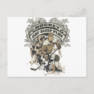 Postal Comer, dormir, jugar al hockey
