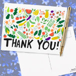 Postal Comestibles Frutos Vegetales Colorful Gracias<br><div class="desc">Mira este dulce y colorido arte,  hecho a mano por ti! ¡Gracias a los trabajadores de la tienda de comestibles,  a la persona que entrega tu comida o a alguien que cocina por ti! No dudes en añadir tu propio texto o cambiar los colores. ¡Visita mi tienda para más!</div>