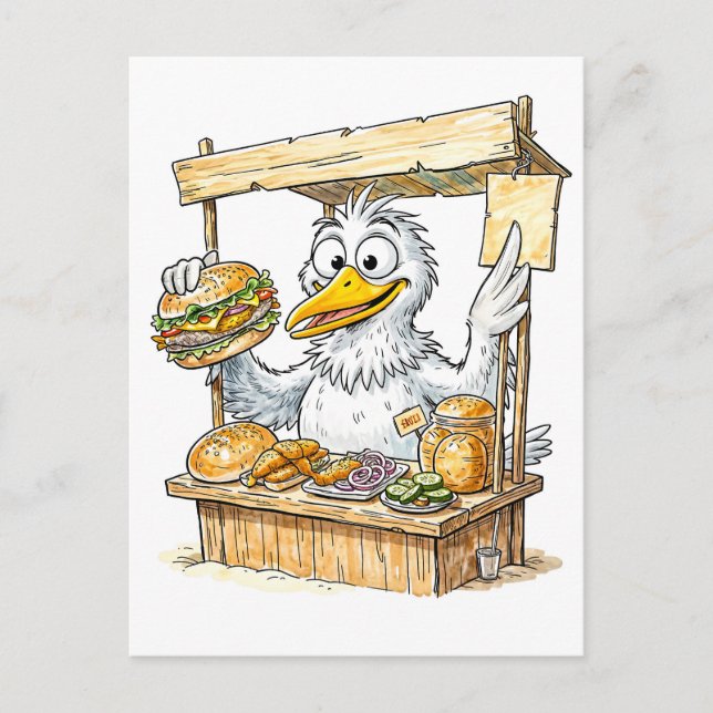 Postal Comic Bird at Fish Stand (Anverso)