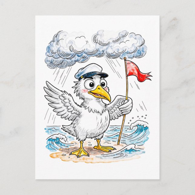Postal Comic Bird Beach Wind Check Postcard (Anverso)