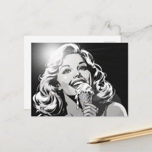 Postal Cómic gráfico BW estilo helado rubia 50s