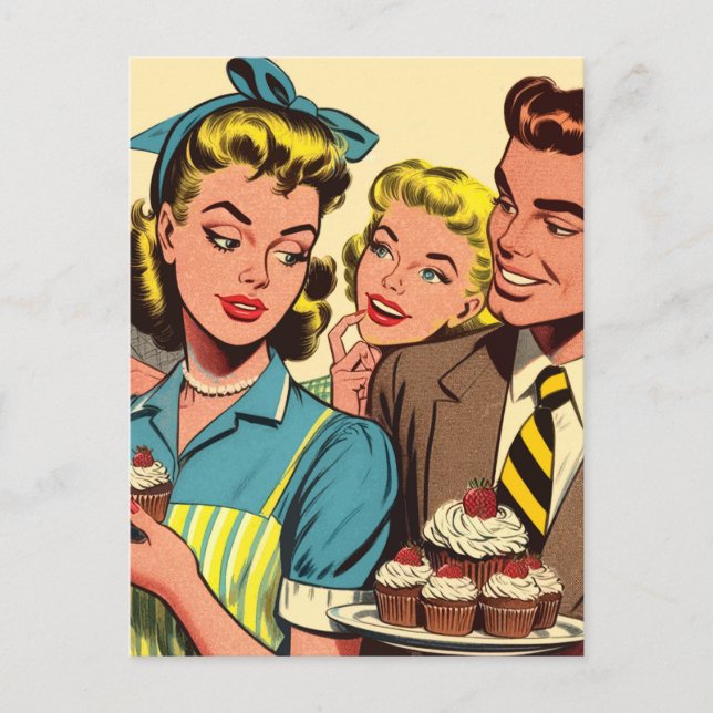 Postal Comics de pasteles retro de parejas (Anverso)