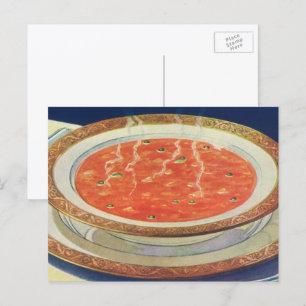 Postal Comida antigua, tazón caliente de sopa de tomate c