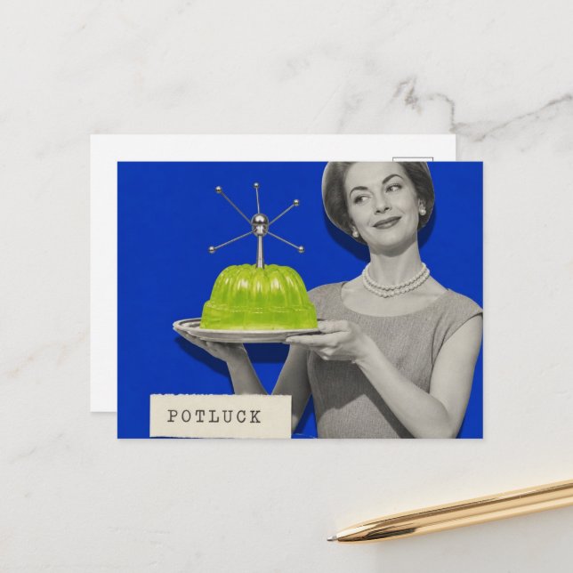 Postal comida compartida Mujer collage surrealista retro (Anverso/Reverso In Situ)