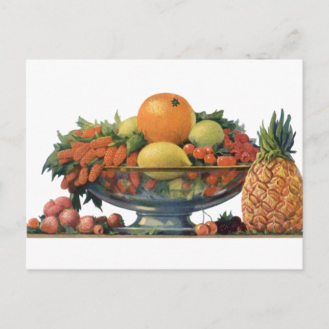 Postal Comida de época, fruta divertida en un bol (Anverso)