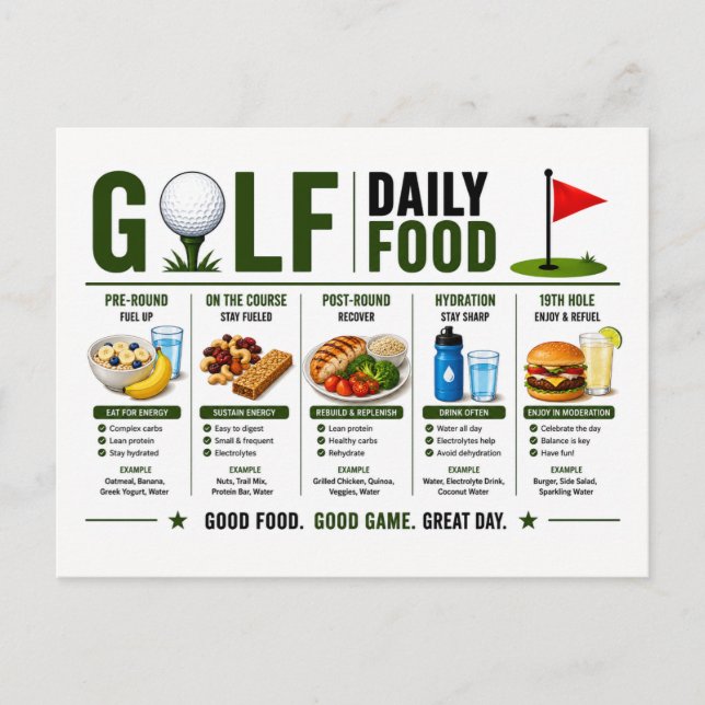 Postal Comida diaria de golf para golfista (Anverso)