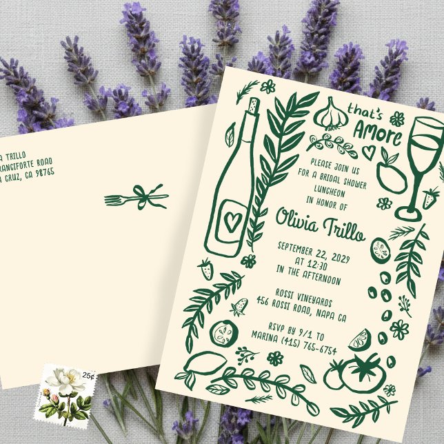 Postal Comida Italiana That's Amore DESDE Cero Despedida  (That's Amore Italian Food Hand-drawn Doodle CUSTOM Bridal Shower Postcard Inviation
)