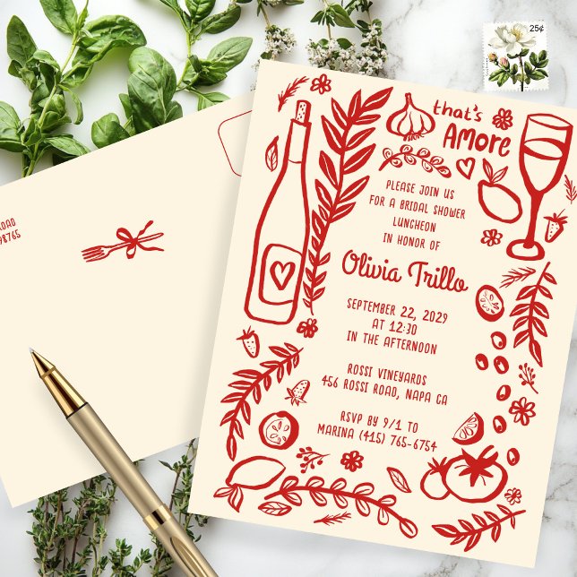 Postal Comida Italiana That's Amore Personalizado Despedi (That's Amore Italian Food Hand-drawn Doodle CUSTOM Bridal Shower Invitation Postcard
)