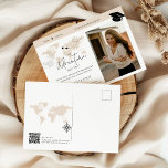 Postal Comienza la aventura de viaje del Mapa Mundial<br><div class="desc">Celebra el viaje del graduado con nuestra aventura y colección de graduación con temas de viajes! Diseñado en tonos beige neutros con detalles elegantes como un mapa del mundo, sellos para pasaportes y una brújula vintage, esta moda e intemporal es perfecta para los niños que se embarcan en su próxima...</div>