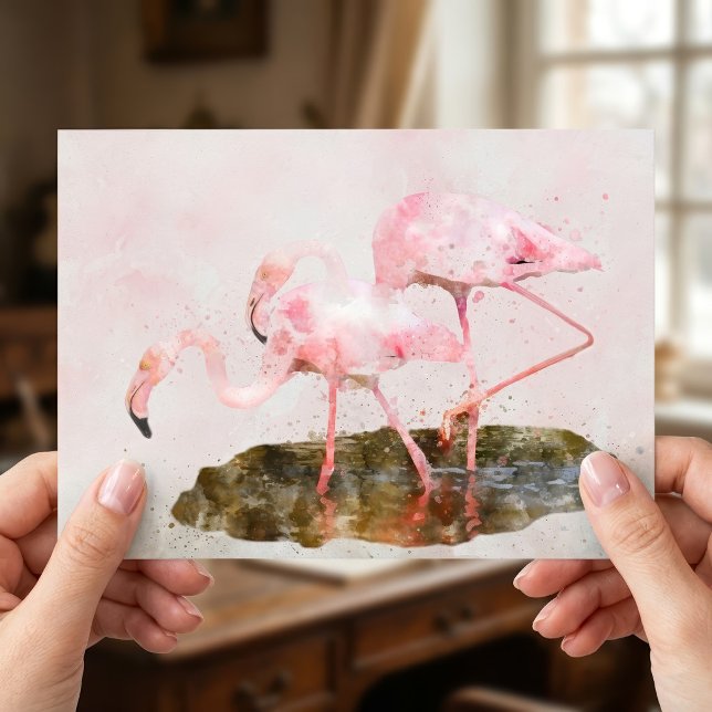 Postal Compañerismo de Flamingos Rosas en Arte de Acuarel (Pink Flamingos Companionship in Watercolor Art. Postcard)