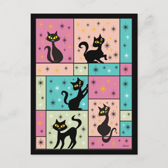 Postal Composición con 5 gatos negros (Anverso)