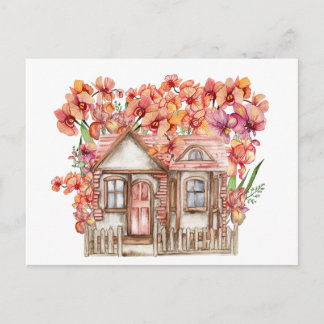 Postal Composición de acuarela de una antigua casa de cam