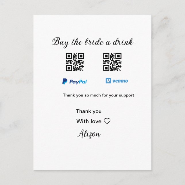 Postal Compra a la novia una donación de bebidas QR Venmo (Anverso)
