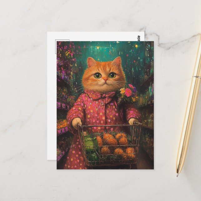 Postal Compra de comestibles Ginger Gato Adorable (Anverso/Reverso In Situ)
