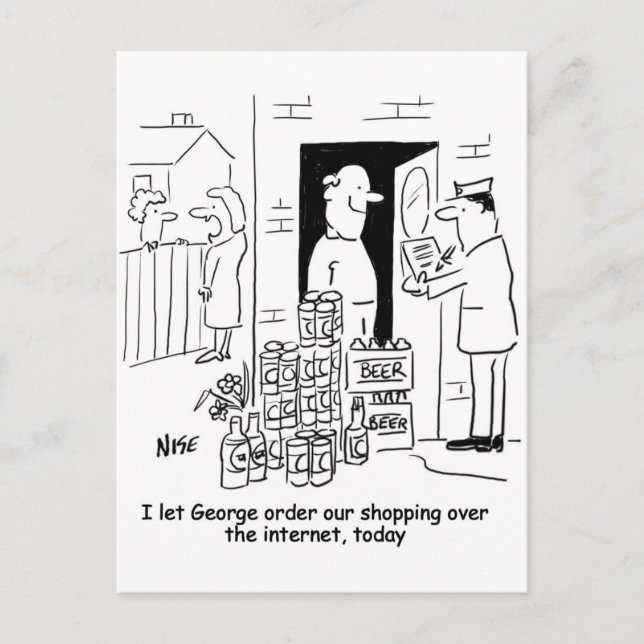 Postal Comprar en Internet. Un hombre compra solo cerveza (Anverso)