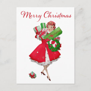 Postal Compras de Navidad de la Dama Vintage de 1950   