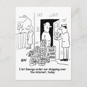 Postal Compras por internet. El hombre compra sólo cervez