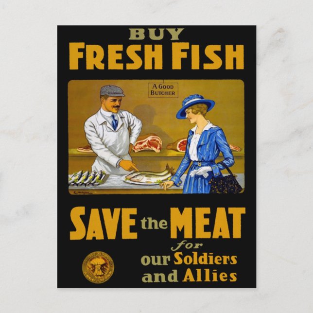 Postal Compre pescados frescos el vintage retro WW1 (Anverso)