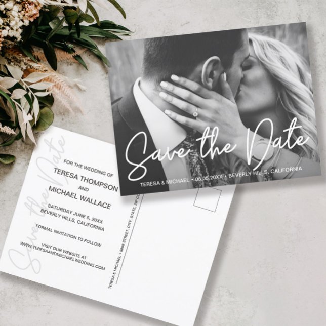 Postal Compromiso De Fotos Con Guión Moderno Ahorra La Fe (Modern handlettering wedding Save the date script photo postcard)