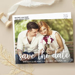 Postal Compromiso Salvar La Foto Moderna De La Fecha<br><div class="desc">Guardar la postal de la pareja de compromiso moderna de fecha - Guión blanco</div>