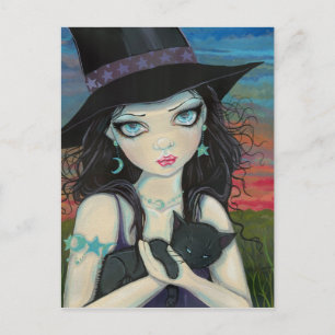 Postal con arte de Bruja y Gato de Ojos Grandes Pe