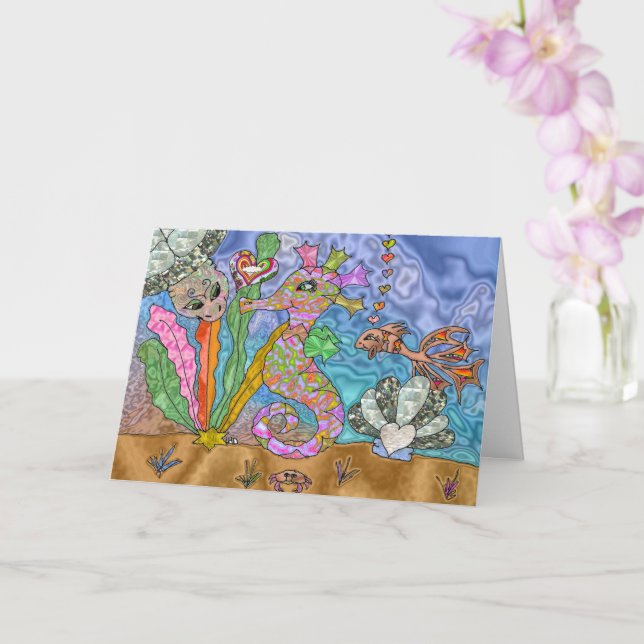 Postal con arte psicodélico de caballito de mar y  (Orquídea)