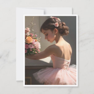 Postal con bailarina sujetando ramo de flores