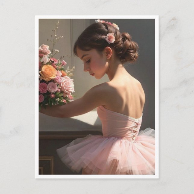 Postal con bailarina sujetando ramo de flores (Anverso)