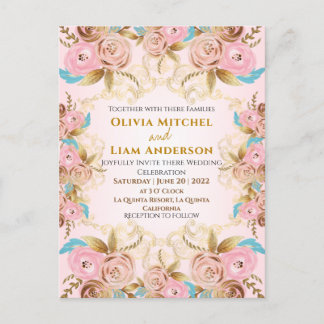 Postal con Boda de marco floral rosa y dorado