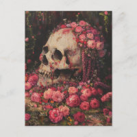 Postal con flores de cráneo y rosa