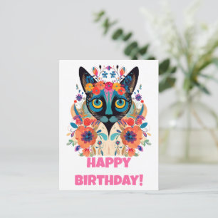 Postal con gato siamés floral: Edición Feliz Cumpl