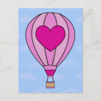 Postal con globo aerostático de corazón rosado