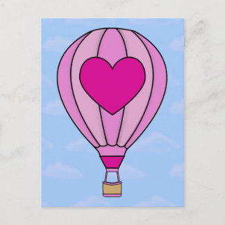 Postal con globo aerostático de corazón rosado