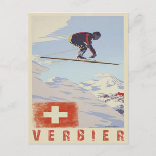 Postal con impresora de esquí Suiza Vintage